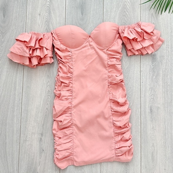 NWT CIDER Pink Ruffle Sleeve Ruched Mini Dress - Picture 10 of 13